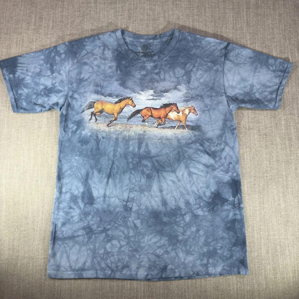 The Mountain Shirt Mens Large Blue Running Wild Horses Tie Dye Graphic Tee